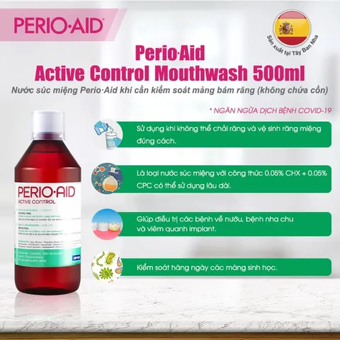 Nước Súc Miệng Perio Aid Active Control 500mL - Kháng Khuẩn Ngăn Ngừa Mảng Bám và Viêm Nướu, Giải Pháp Chăm Sóc Răng Miệng Hiệu Quả.
