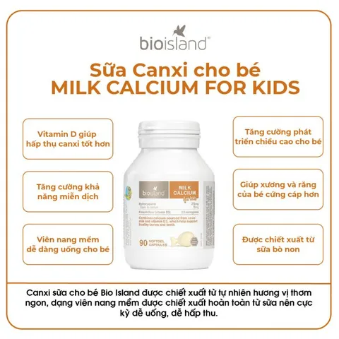 Canxi cho bé Bioisland Milk Calcium - Viên uống hỗ trợ phát triển xương và răng cho trẻ, 90 viên, xuất xứ Úc