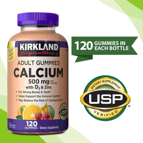 Kẹo dẻo bổ sung canxi,vitamin D3 và kẽm KirKland Adult Gummies của Mỹ