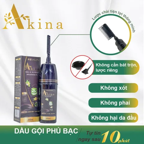 Dầu Gội Phủ Bạc Akina Nhật Bản 200ML - Nhuộm Đen Tóc Tự Nhiên, Kèm Lược Tiện Lợi, Hỗ Trợ Phục Hồi Tóc Hư Tổn