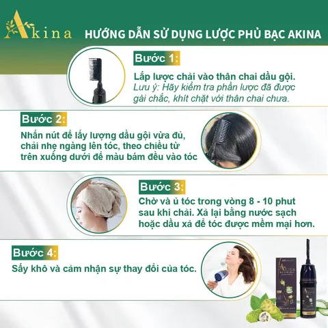 Dầu Gội Phủ Bạc Akina Nhật Bản 200ML - Nhuộm Đen Tóc Tự Nhiên, Kèm Lược Tiện Lợi, Hỗ Trợ Phục Hồi Tóc Hư Tổn