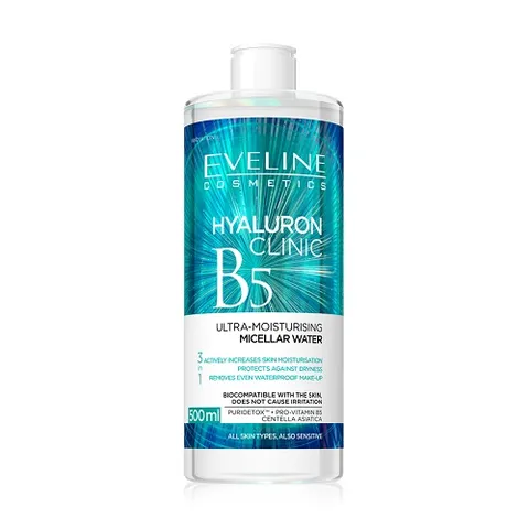 Nước Tẩy Trang Eveline Hyaluron Clinic B5 500ML - Dưỡng ẩm, Làm Sạch Da Nhờ Axit Hyaluronic & Chiết Xuất Rau Má