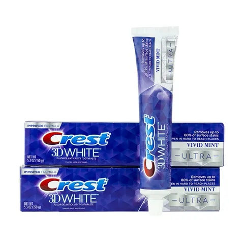 Kem đánh răng Crest 3D White Ultra Vivid Mint 147g - Lốc 5 hộp - Làm trắng răng, chống sâu, an toàn cho men răng, Mỹ
