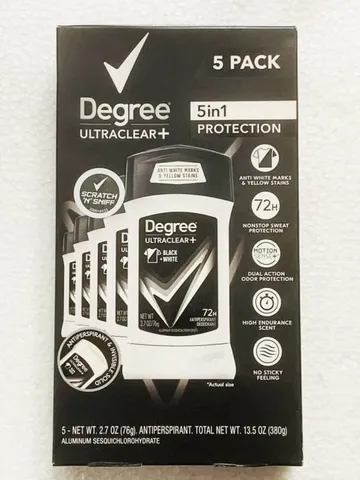 Set 5 Chai Lăn Khử Mùi Nam Degree Ultraclear Black + White 76g - Kháng Mồ Hôi 48h, Chính Hãng Mỹ