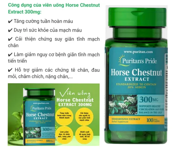 Viên uống hỗ trợ suy giãn tĩnh mạch Horse Chestnut 300mg Puritan's Pride 100 viên - Cải thiện tuần hoàn máu, giảm cảm giác nặng chân