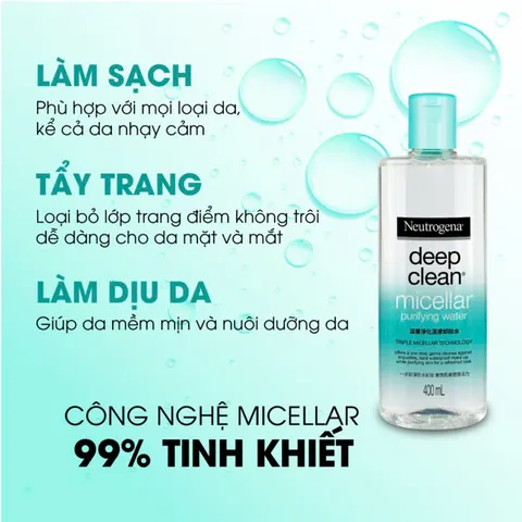 Nước Tẩy Trang Neutrogena Deep Clean Micellar Purifying Water 400ml - Dung Dịch Tẩy Trang Làm Sạch Da, Tẩy Trang Đầy Đủ Cho Mọi Loại Da