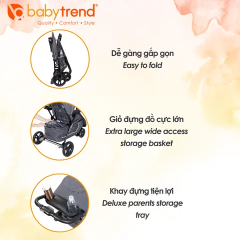 Xe đẩy cho bé Baby Trend EZ Ride - Thiết kế đa dụng, dây đai 5 điểm, ghế ngả thoải mái, khay đựng đồ, an toàn và tiện lợi.