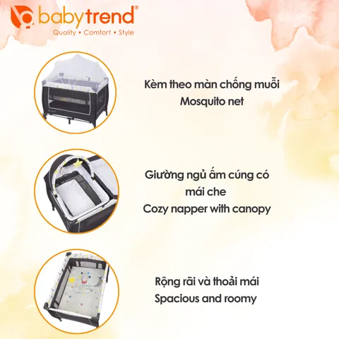 Nôi cũi gấp gọn đa năng Baby Trend Lil Snooze Deluxe II - Giường trẻ em thoải mái với bàn thay tã tiện lợi cho bé từ 0-3 tháng