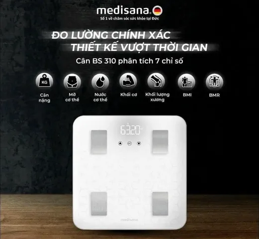 Cân Điện Tử 7 trong 1 Medisana BS 310 Connect - Cân Phân Tích Cơ Thể Bluetooth, Đo Trọng Lượng và Chỉ Số Sức Khỏe Tích Hợp