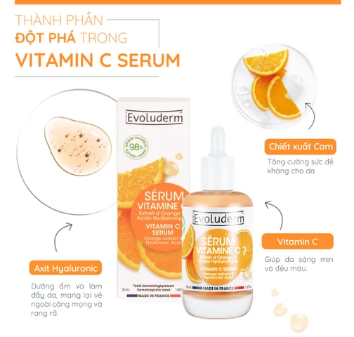 Serum Vitamin C Evoluderm 30ml - Tinh Chất Dưỡng Da Sáng Mịn, Chống Oxy Hóa, Dành Cho Mọi Loại Da, Thiên Nhiên, Thuần Chay