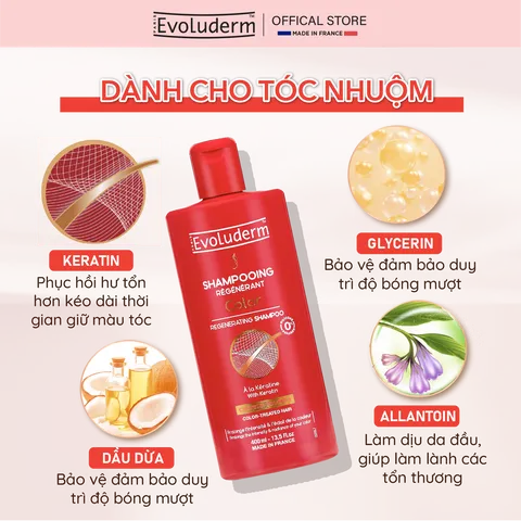 Dầu Gội Dưỡng Ẩm Evoluderm 400ml - Chiết Xuất Keratin, Bảo Vệ Màu Nhuộm, Phục Hồi Tóc Hư Tổn, Tóc Suôn Mượt, Dầu Tóc Chất Lượng Cao
