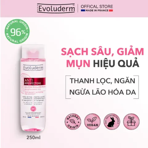 Nước Tẩy Trang Evoluderm 250ml - Micellar Solution Dành Cho Da Dầu Mụn - Chiết Xuất Bưởi Hồng Và Zin C, Thanh Lọc Hiệu Quả