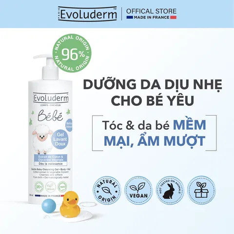 Gel Tắm và Gội Dưỡng Ẩm cho Bé Evoluderm - Làm Sạch Da và Tóc Mảnh, An Toàn và Tự Nhiên, Sản Phẩm Chăm Sóc Da Khỏe Mạnh từ Pháp