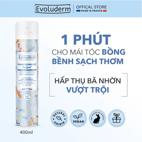 Dầu Gội Khô Evoluderm 400ml - Giúp Tóc Sạch Bồng Bềnh Nhanh Gọn, Tiện Lợi Cho Du Lịch và Người Bận Rộn