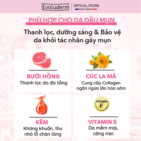 Gel Rửa Mặt Ngăn Ngừa Mụn Evoluderm - Chiết Xuất Bưởi Hồng & Hoa Cúc - Dành Cho Da Dầu & Da Mụn, Làm Sáng & Khỏe Mạnh Da