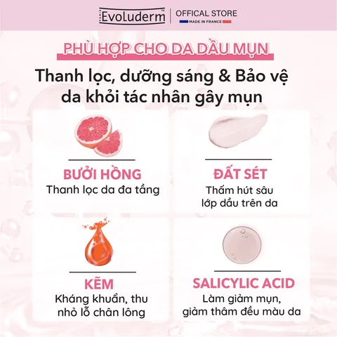 Sữa Rửa Mặt Mặt Nạ Chiết Xuất Bưởi Hồng 2in1 Evoluderm - Dưỡng Da Sáng Khỏe, Ngừa Mụn, Se Khít Lỗ Chân Lông, Mỹ Phẩm Thuần Chay