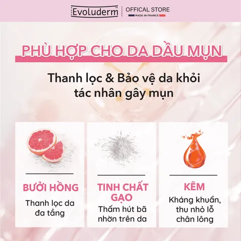 Gel Rửa Mặt Tẩy Tế Bào Chết Evoluderm - Sữa Rửa Mặt Dành Cho Da Dầu, Giảm Mụn, Chiết Xuất Bưởi Hồng, Mỹ Phẩm Thuần Chay, Pháp
