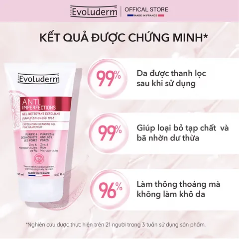 Gel Rửa Mặt Tẩy Tế Bào Chết Evoluderm - Sữa Rửa Mặt Dành Cho Da Dầu, Giảm Mụn, Chiết Xuất Bưởi Hồng, Mỹ Phẩm Thuần Chay, Pháp