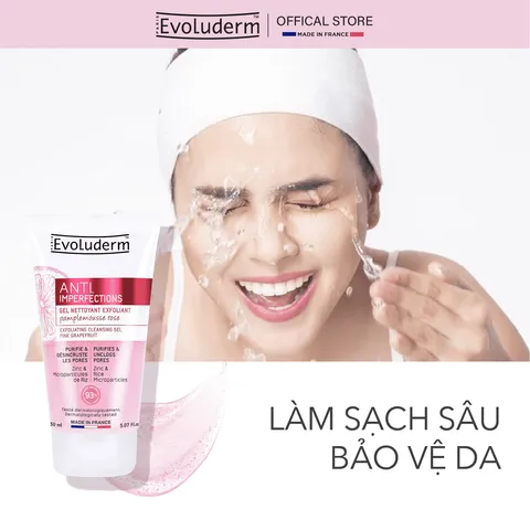 Gel Rửa Mặt Tẩy Tế Bào Chết Evoluderm - Sữa Rửa Mặt Dành Cho Da Dầu, Giảm Mụn, Chiết Xuất Bưởi Hồng, Mỹ Phẩm Thuần Chay, Pháp