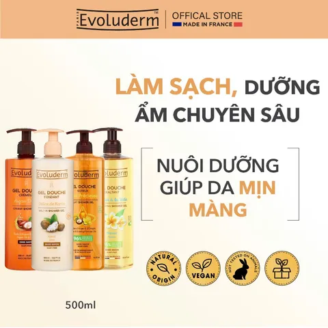 Gel Tắm Dưỡng Ẩm Evoluderm 500ml - Chiết Xuất Tinh Chất Hoa Tiare, Dầu Hạnh Nhân, Argan & Bơ Hạt Mỡ - Làm Sạch & Nuôi Dưỡng Da Mềm Mại