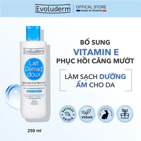 Sữa Tẩy Trang Evoluderm Chứa Vitamin E - Làm Sạch Da Mềm Mịn 250ML - Mỹ Phẩm Thuần Chay Pháp Dưỡng Ẩm, Chống Oxy Hóa