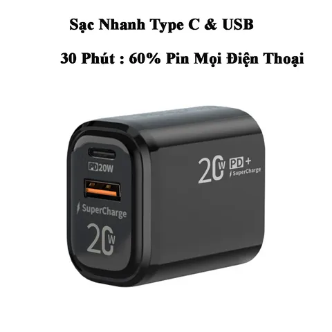 Củ Sạc Nhanh 2 Cổng Type C & USB 20W - Sạc Nhanh Cho iPhone, Samsung, LG, Huawei, Vivo, Oppo, Xiaomi - Thiết Kế Gọn Nhẹ, An Toàn