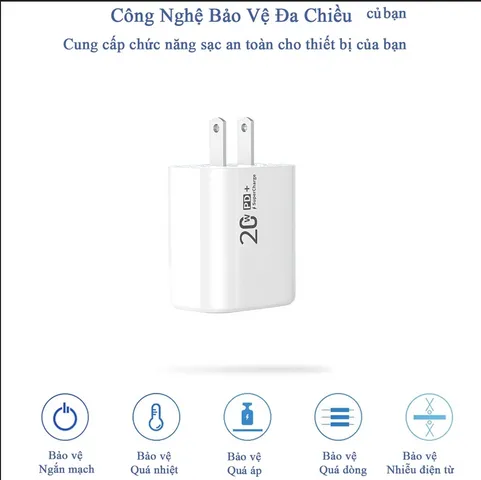 Củ Sạc Nhanh 2 Cổng Type C & USB 20W - Sạc Nhanh Cho iPhone, Samsung, LG, Huawei, Vivo, Oppo, Xiaomi - Thiết Kế Gọn Nhẹ, An Toàn