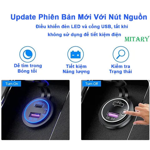 Tẩu Sạc Nhanh Ô Tô/Máy Móc MITARY MTR006 - 67W, 2 Cổng USB & Type-C, Công Tắc Bật/Tắt, Sạc Nhanh Cho iPhone, Samsung, LG