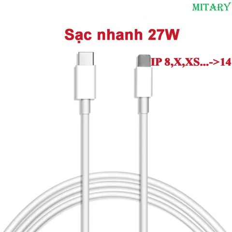Cáp Sạc Nhanh PD 27W Cho iPhone 7, 8, 8 Plus, X, XS, XR, XS Max, 11, 12, 13, 14 - Truyền Dữ Liệu 8 Chân, Bền Bỉ, Thời Trang
