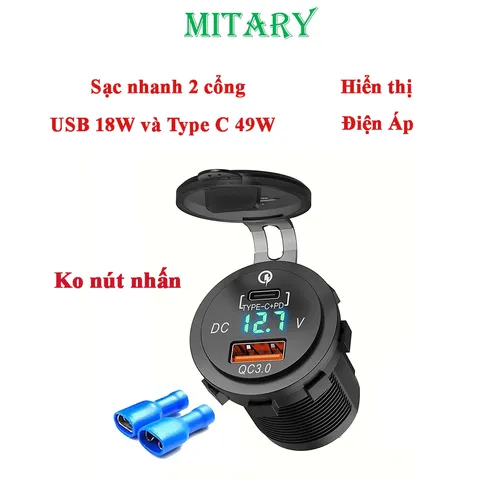 Tẩu Sạc Nhanh Ô Tô Xe Máy 2 Cổng USB Type C Chống Nước Chống Bụi Có Đèn LED Hiển Thị Điện Áp MITARY MTR010
