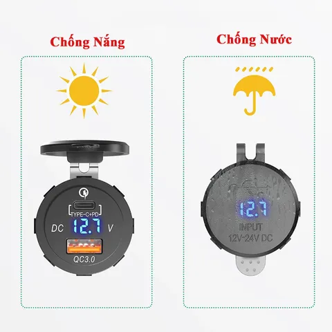 Tẩu Sạc Nhanh Ô Tô Xe Máy 2 Cổng USB Type C Chống Nước Chống Bụi Có Đèn LED Hiển Thị Điện Áp MITARY MTR010