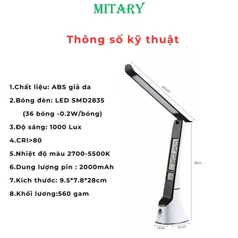Đèn Bàn Học Chống Cận LED MITARY Tích Điện Với Đồng Hồ Vạn Niên, Đèn Ngủ & Chế Độ Điều Chỉnh Màu Sáng, An Toàn Cho Mắt