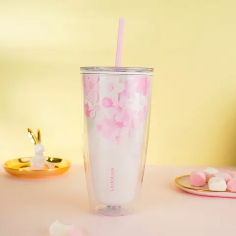 Ly Nhựa Hai Lớp LocknLock Double Wall Cold Cup Cherry Blossom HAP509-750ml