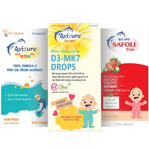 Bộ 3 Vitamin cho Bé Avisure D3MK7, DHA Smart Kid và Safoli Drop - Hỗ Trợ Phát Triển Chiều Cao, Thông Minh và Sức Khỏe Toàn Diện