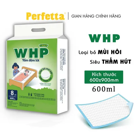 Tấm Đệm Lót WHP Underpad, Siêu Thấm Hút, Chống Trào Ngược, Khử Mùi Hiệu Quả Size 60x90 cm (8 miếng/túi)