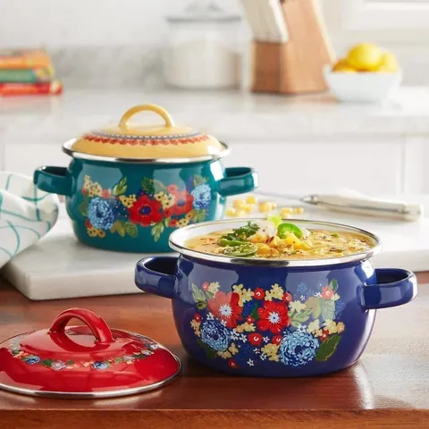Set 2 Nồi Hầm Mini The Pioneer Woman Sweet Romance - Nồi Nướng Kiểu Hà Lan An Toàn, Dung Tích 1L, Thiết Kế Hoa Đẹp