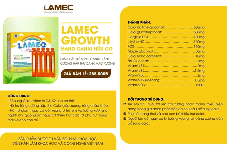 Canxi Hữu Cơ LAMEC Vị Yến Dễ Uống - Bổ Sung Calci, Vitamin D3, K2 Cho Trẻ Em và Phụ Nữ Mang Thai, Hỗ Trợ Phát Triển Chiều Cao