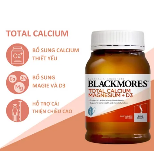 Viên uống Bổ sung Canxi, Magie và Vitamin D3 Blackmores 200 viên - Hỗ trợ sức khỏe xương và chiều cao cho người lớn và trẻ em 6 tuổi trở lên