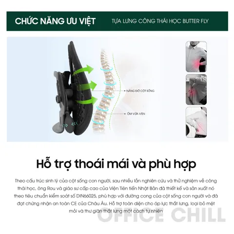 Tựa Lưng Ghế Văn Phòng Công Thái Học ButterFly - Điều Chỉnh 5 Cấp Độ, Hỗ Trợ Cột Sống, Chất Liệu Polyester Siêu Bền