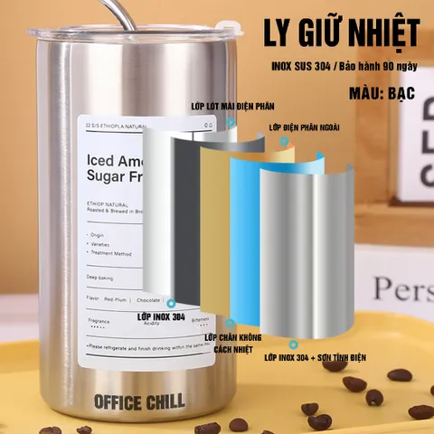 Ly Giữ Nhiệt Inox SUS 304 5 Lớp, Dung Tích 300ml & 600ml - Bảo Hành 90 Ngày, Ly Cao Cấp Office Chill, Duy Trì Nhiệt Độ Tối Ưu