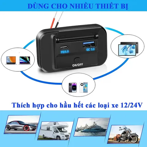Tẩu Sạc Nhanh 67W Cho Xe Máy, Ô Tô, Tàu Thuyền - 2 Cổng Type C & USB, Sạc Nhanh Điện Thoại Samsung, iPhone, LG ZB005