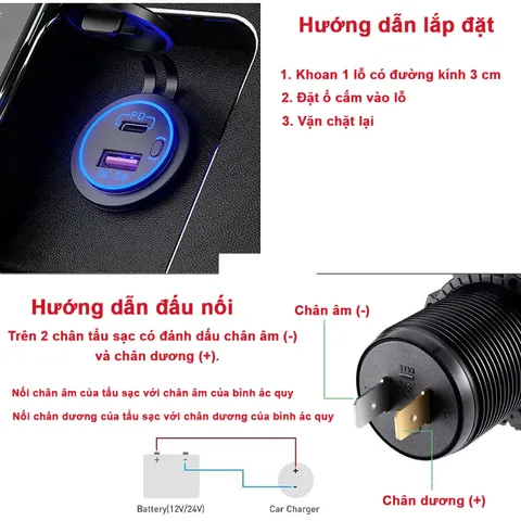 Tẩu sạc nhanh điện thoại trên xe máy 67W cổng Type C và USB có nút bật tắt chống nước MTR006