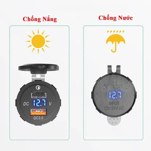 Tẩu Sạc Nhanh Ô Tô Xe Máy 2 Cổng USB & Type C - Có Đèn LED Hiển Thị Điện Áp - Sạc Nhanh Cho Điện Thoại, Máy Tính Bảng