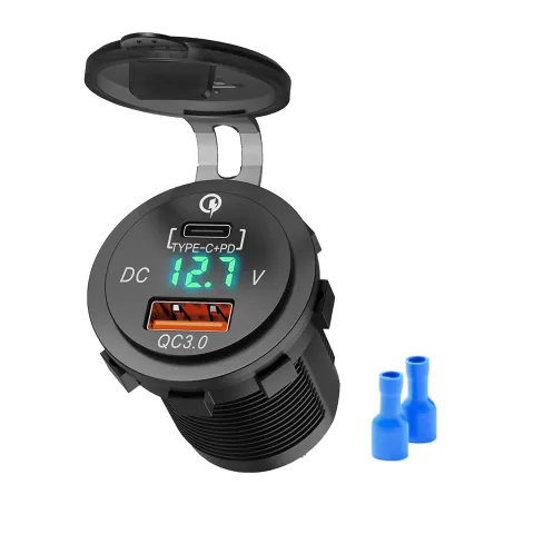 Tẩu Sạc Nhanh Ô Tô Xe Máy 2 Cổng USB & Type C - Có Đèn LED Hiển Thị Điện Áp - Sạc Nhanh Cho Điện Thoại, Máy Tính Bảng