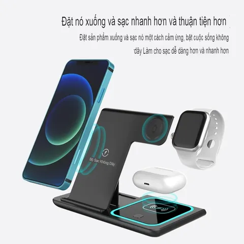 Đế Sạc Không Dây Đa Chức Năng 3 trong 1 cho Điện Thoại, Đồng Hồ Thông Minh & Tai Nghe - Sạc Nhanh 15W, Thiết Kế Tiện Lợi