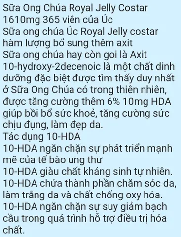 Sữa Ong Chúa Costar Royal Jelly 1610mg 365 Viên - Hỗ Trợ Làm Đẹp Da, Cải Thiện Nếp Nhăn, Xuất Xứ Úc