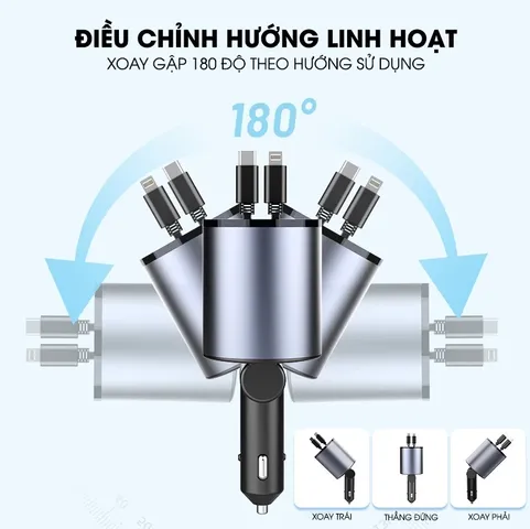 Tẩu Sạc Nhanh Ô Tô 120W 4 Cổng - Thiết Kế Thông Minh, Dây Cáp Thu Gọn Cho Điện Thoại iPhone, Samsung, LG