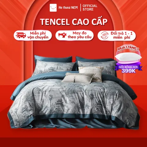 Set chăn ga gối 5 món Hệ Thống Nệm cao cấp Set bộ vỏ chăn ga ra drap lụa tencel trải phủ giường gối nệm đệm 5 món cao cấp