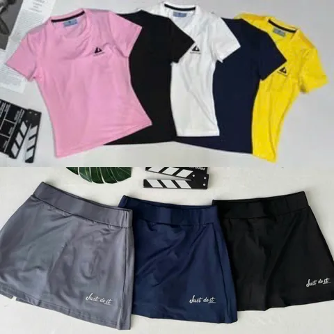 Bộ Váy Thể Thao Nữ 2 Lớp & Áo Thun Ngắn Tay - Chất Liệu Thun Lạnh, Dành Cho Yoga, Gym, Tennis, Chạy Bộ - Tặng Kèm Mút Ngực