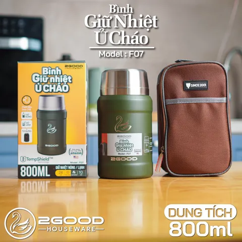 Bình ủ Cháo, Bình Giữ Nhiệt 2GOOD F07, 800ml, inox Cao Cấp 316, Kèm Thìa, Túi Giữ Nhiệt - Hàng Chính Hãng